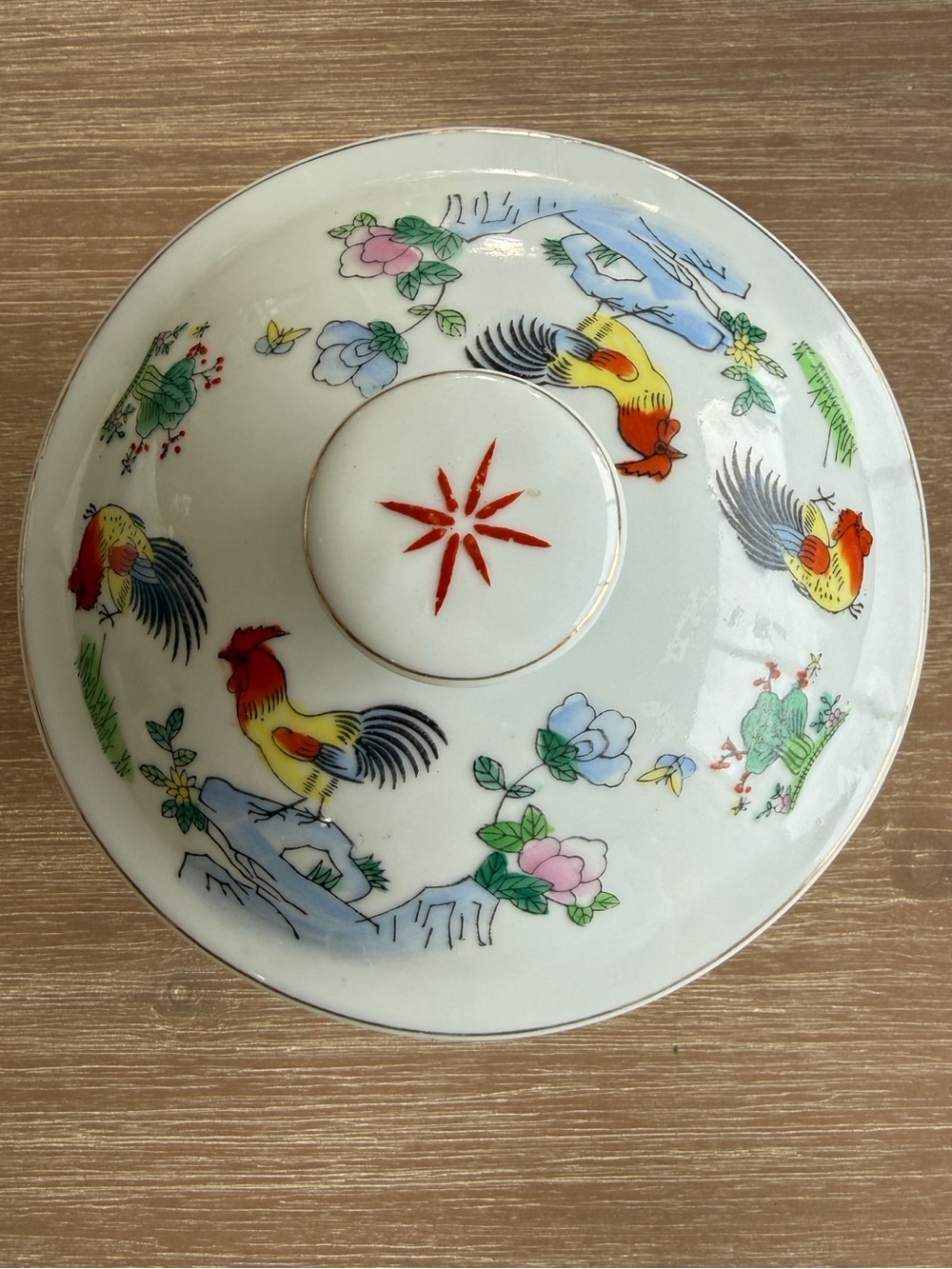 Vintage Chinese Porcelain Lidded Bowl Hand Painted Rooster & Peony Motif Ming Li - Picture 3 of 15